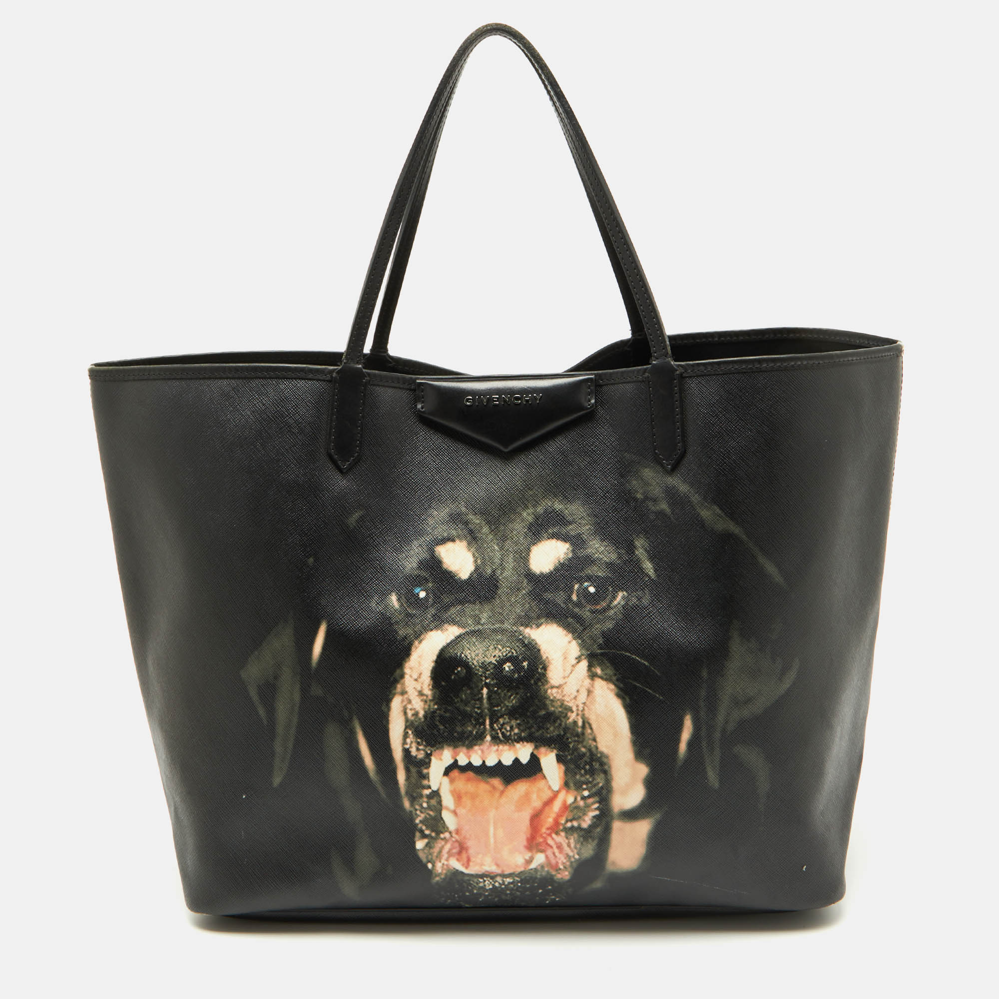 

Givenchy Black Leather Antigona Rottweiler Print Shopper Tote