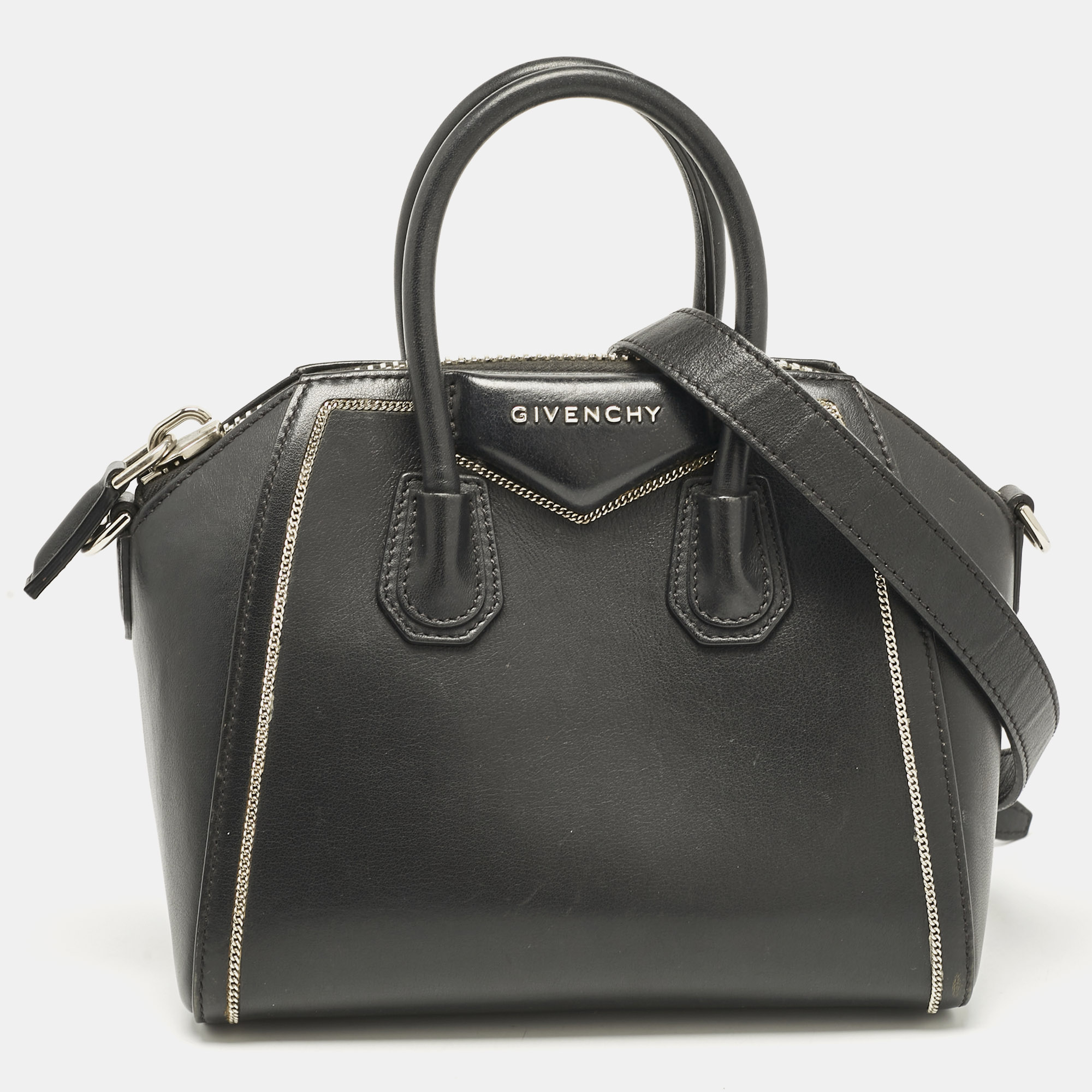 

Givenchy Black Leather Mini Chain Embellished Antigona Satchel