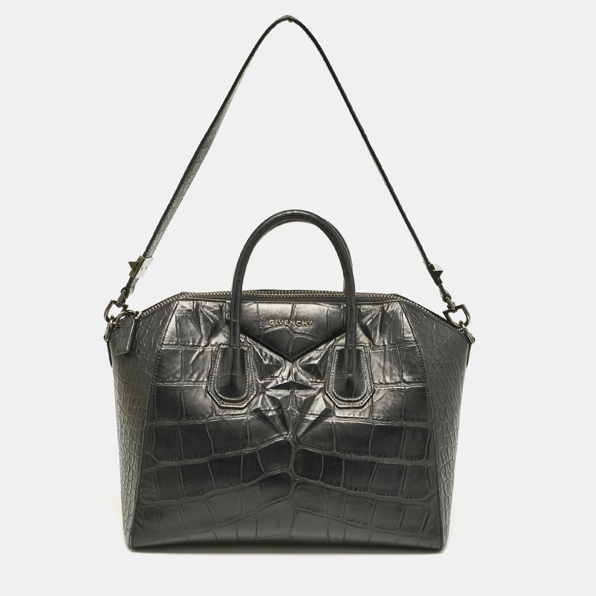 

Givenchy Black Croc Embossed Leather  Antigona Satchel