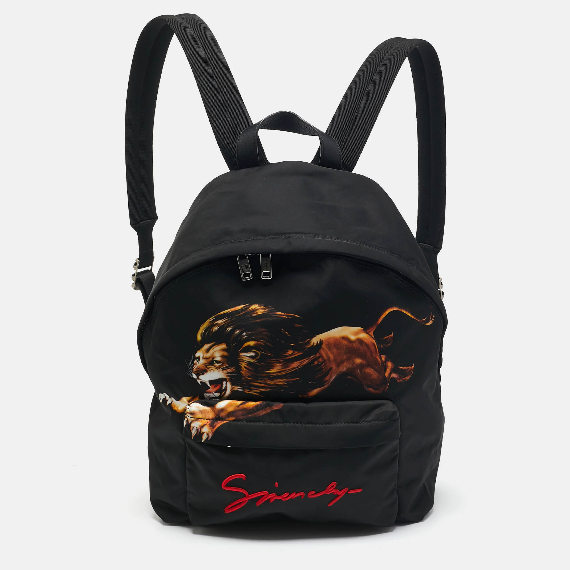 

Givenchy Black Leather and Nylon Lion Print Backpack