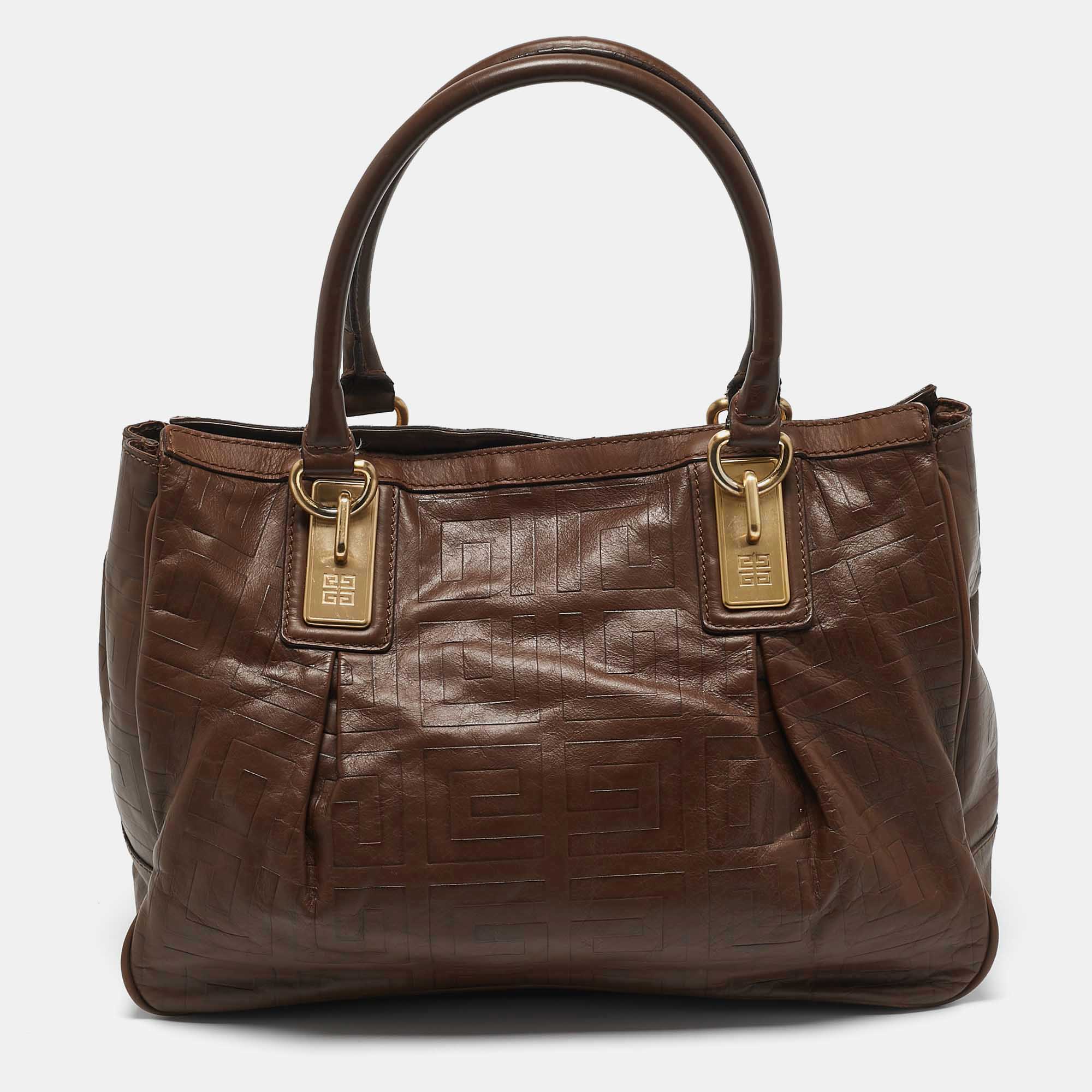 

Givenchy Dark Brown Monogram Embossed Leather Pleated Tote