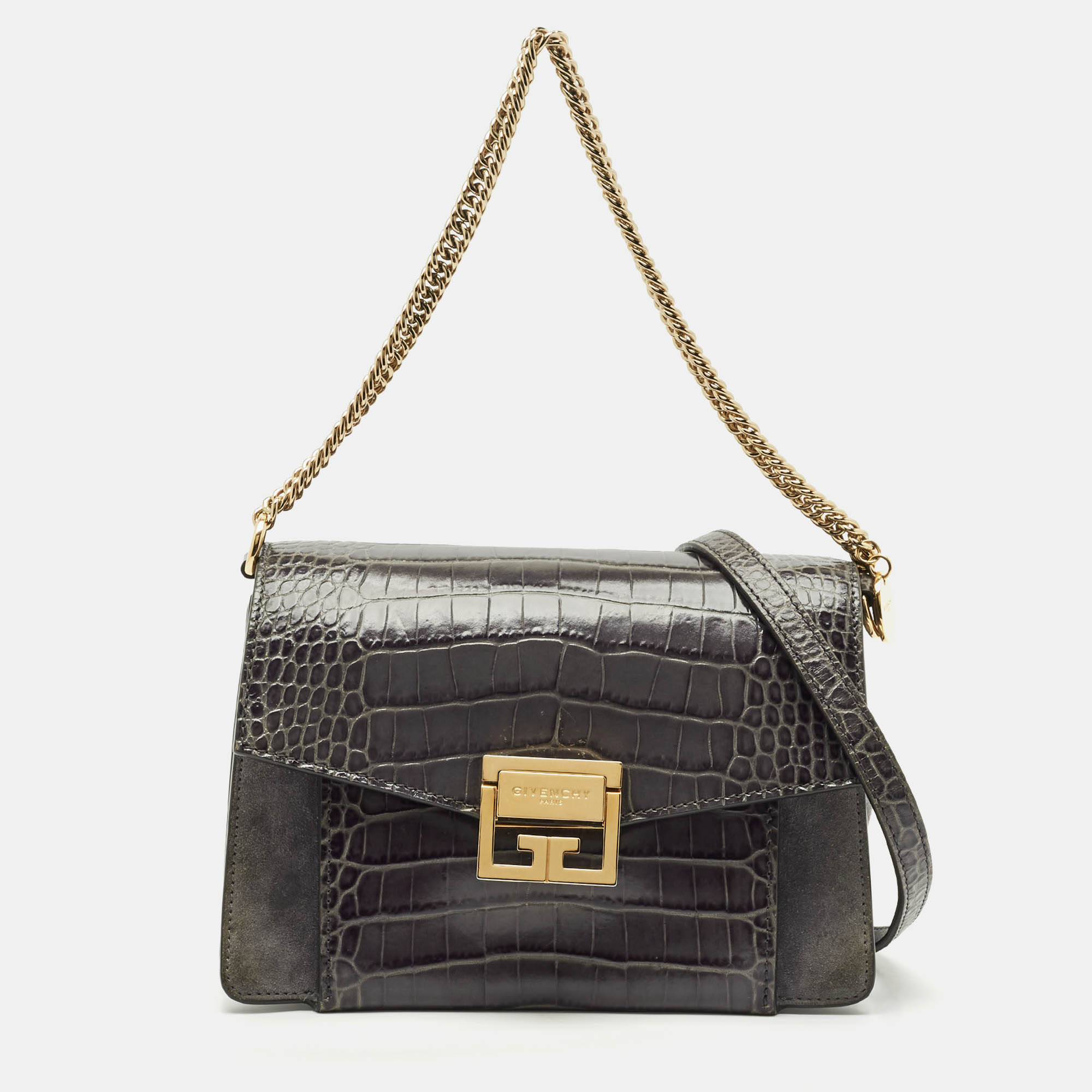 

Givenchy Grey Croc Embossed Leather and Suede  GV3 Shoulder Bag