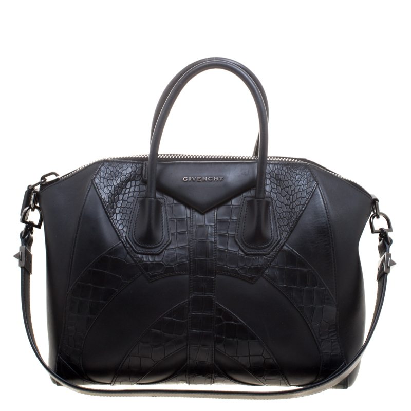 Pre Owned حقيبة جيفنشي أنتيغونا متوسطة حواف جلد نقش تمساح سوداء