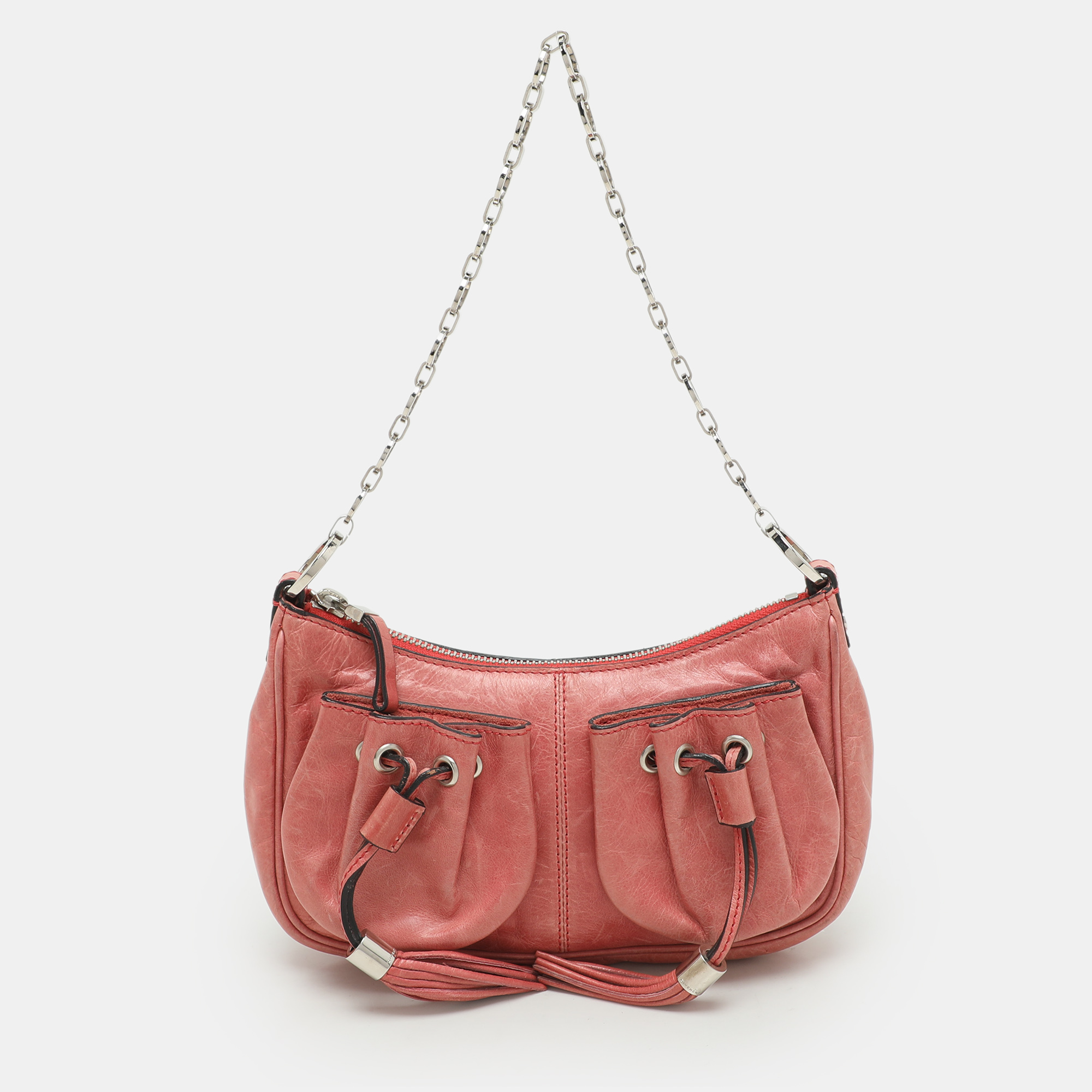 

Givenchy Coral Pink Leather Tassel Pocket Chain Baguette Bag