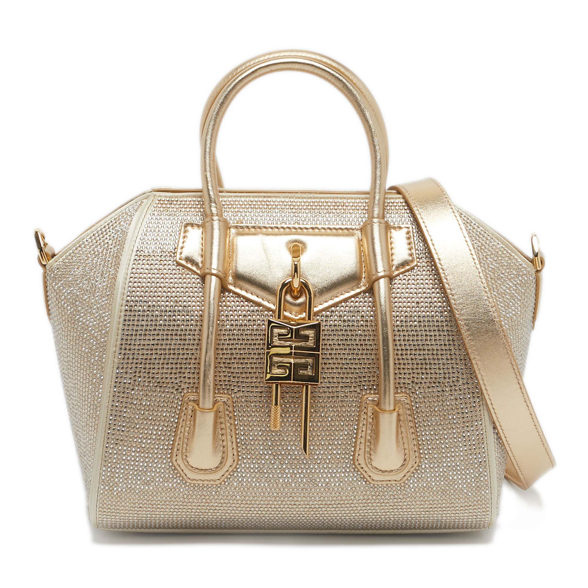 

Givenchy Gold Crystal Embellished Satin and Leather Mini Antigona Lock Tote