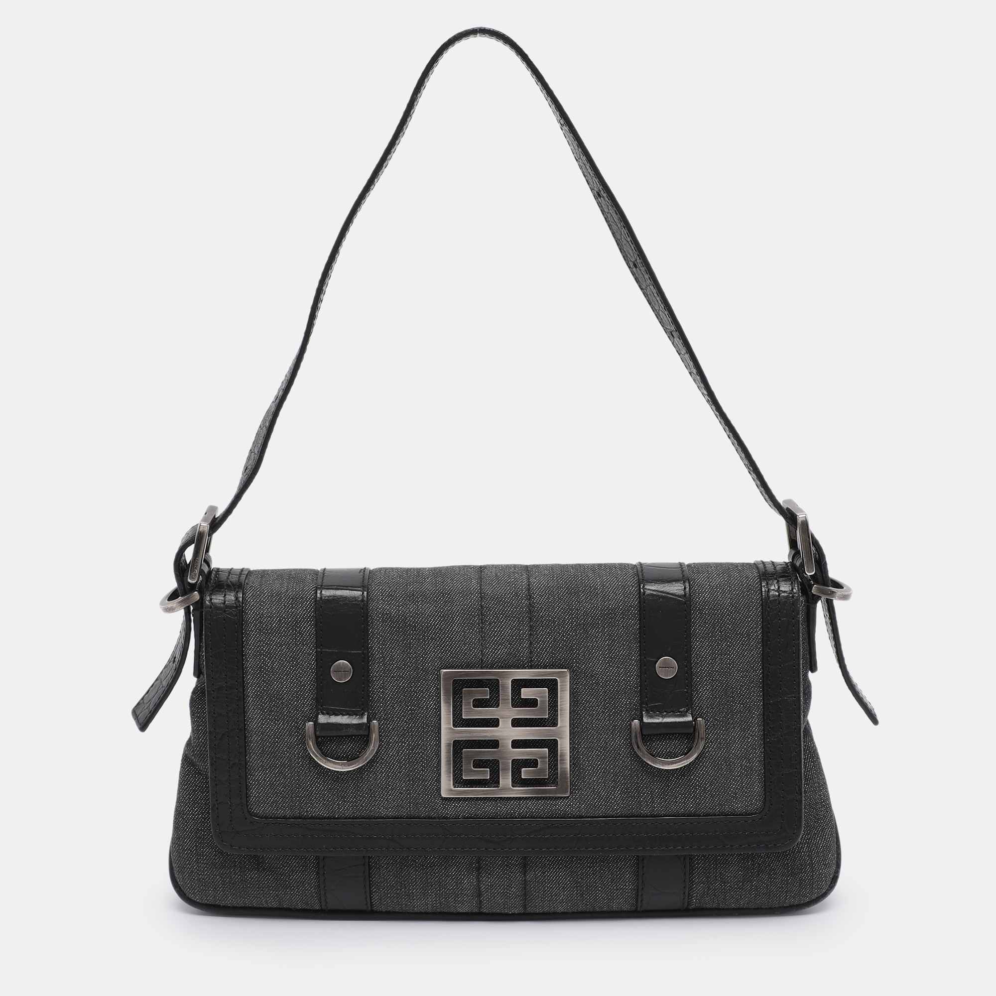 

Givenchy Grey/Black Canvas and Croc Embossed Leather Flap Shoulder Bag