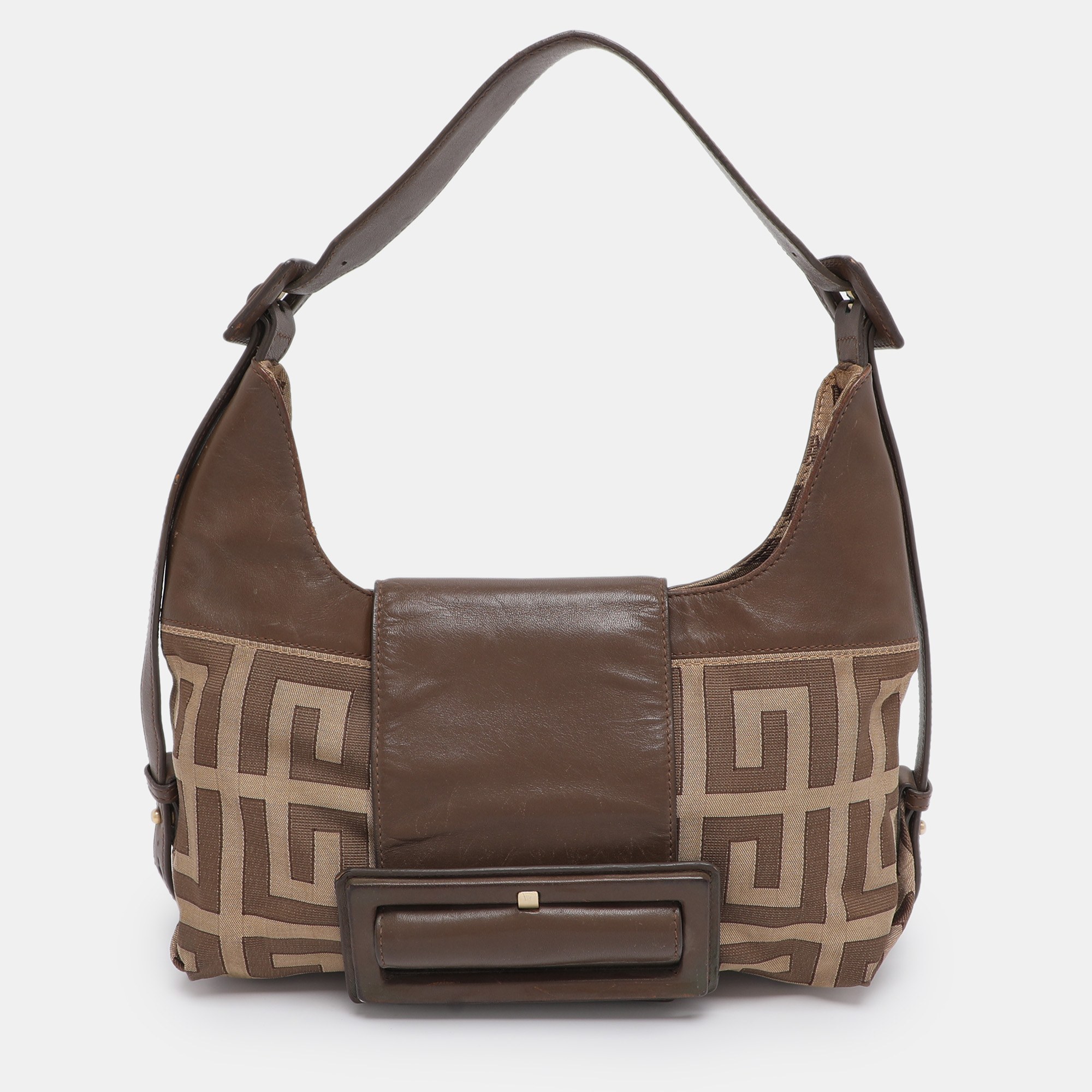 Pre-owned Givenchy Brown/beige Monogram Canvas And Leather Buckle Flap Hobo
