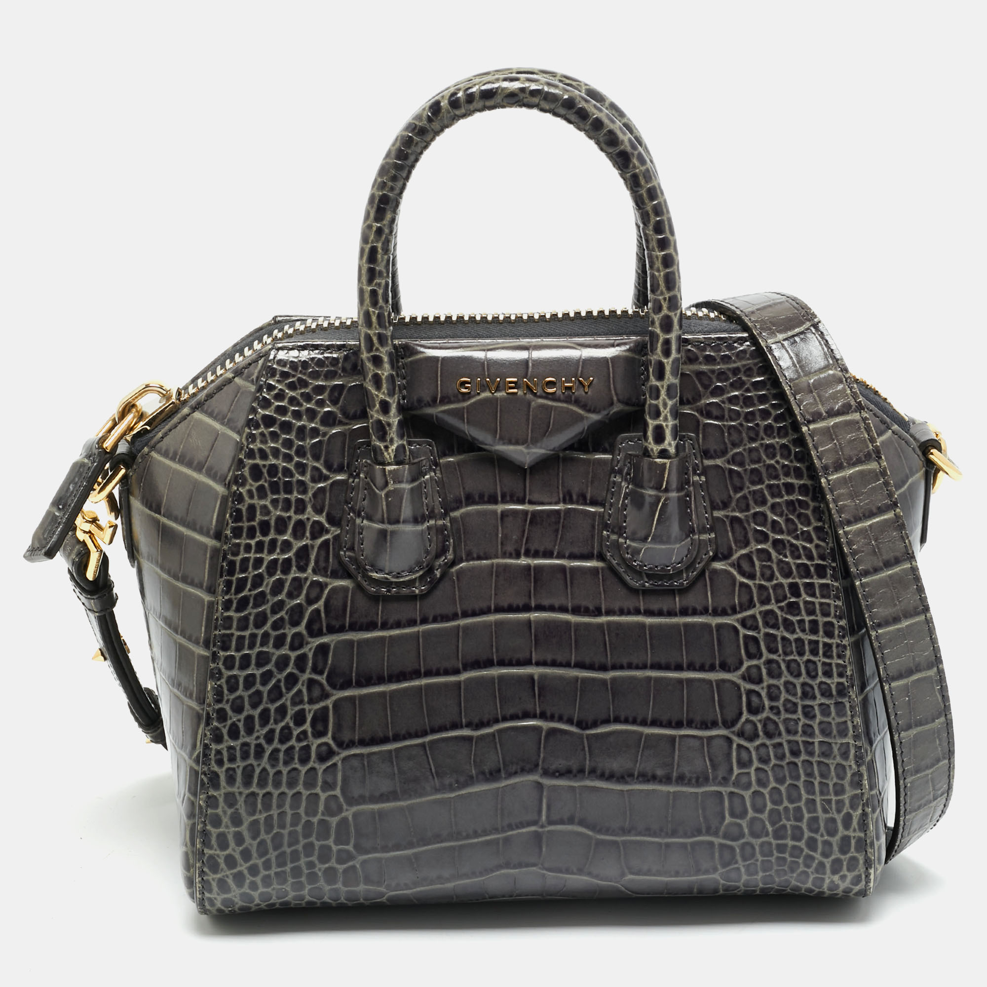 Pre-owned Givenchy Dark Grey Croc Embossed Leather Mini Antigona Satchel In Gray