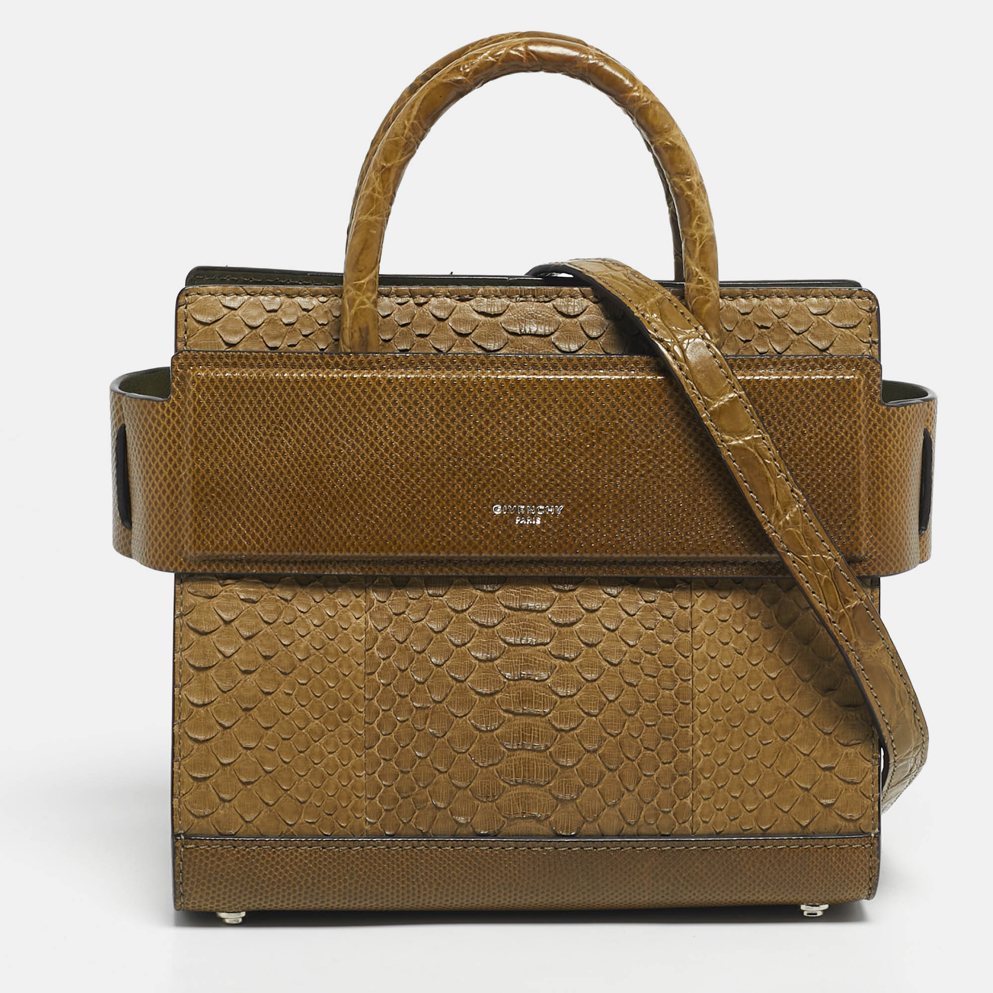 

Givenchy Olive Green Mixed Exotic Mini Horizon Tote