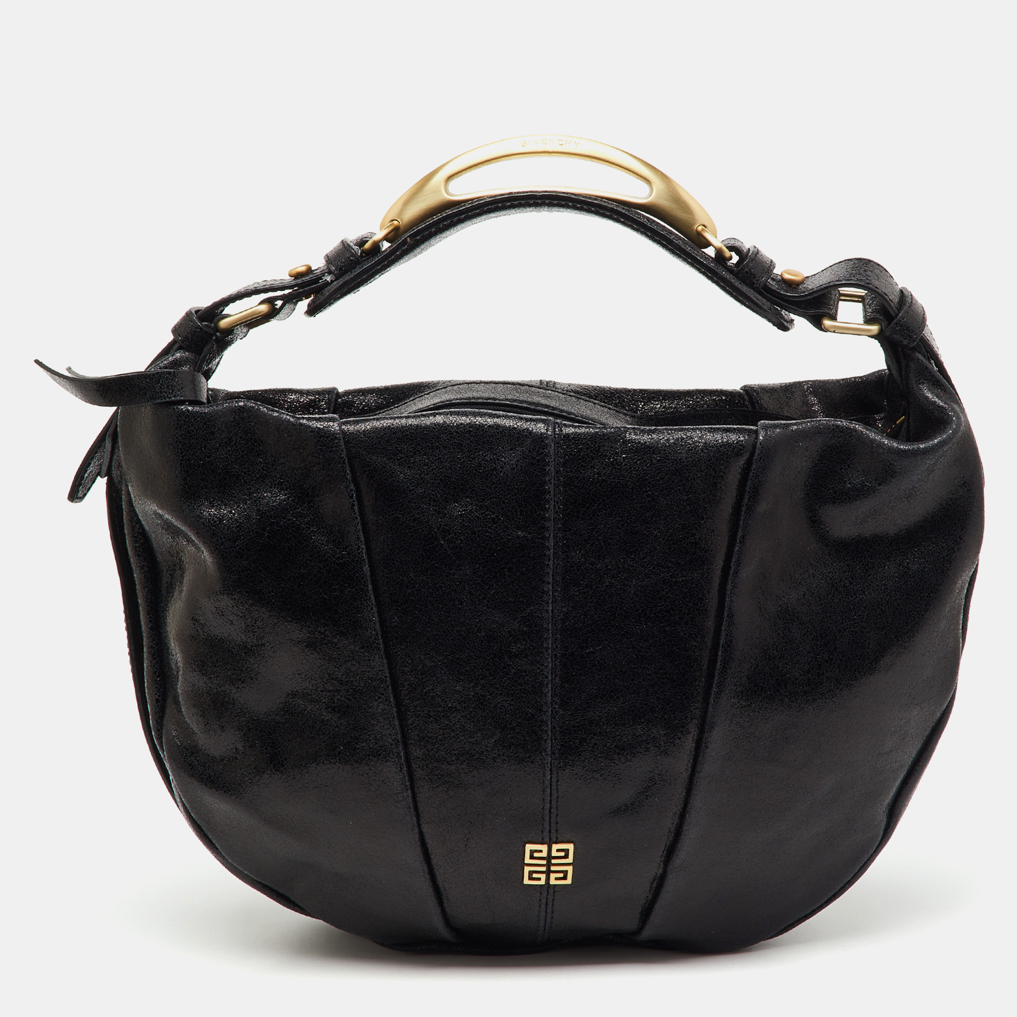 

Givenchy Black Crinkled Glossy Leather Metal Handle Hobo