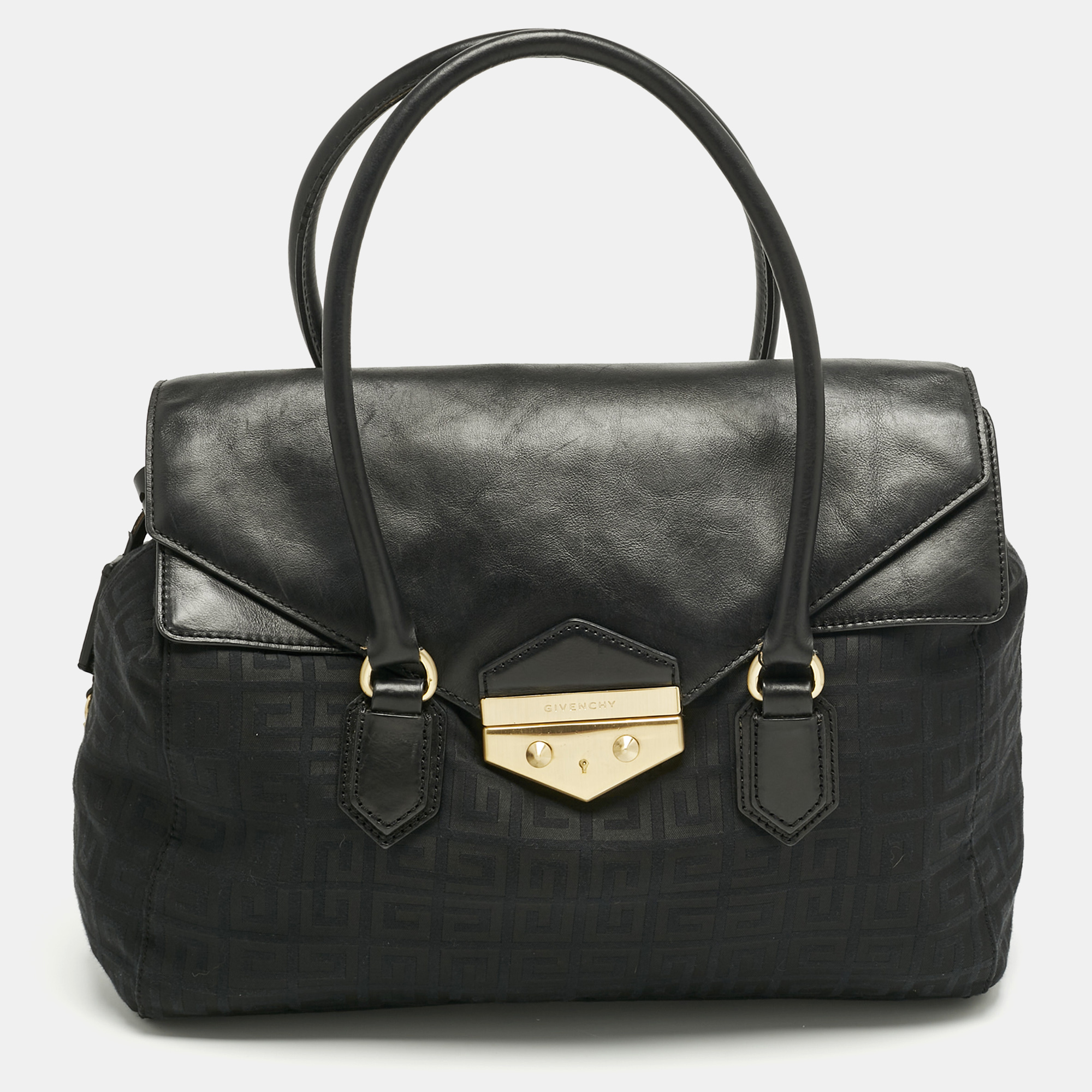 

Givenchy Black Logo Jacquard Fabric and Leather Double Flap Satchel