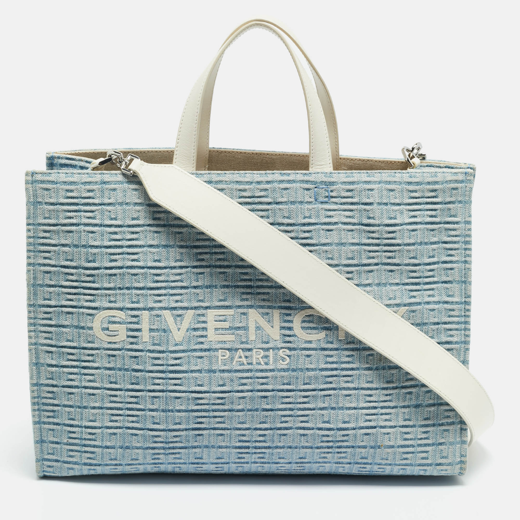 Pre-owned Givenchy Blue/cream 4g Denim And Leather Medium Tote