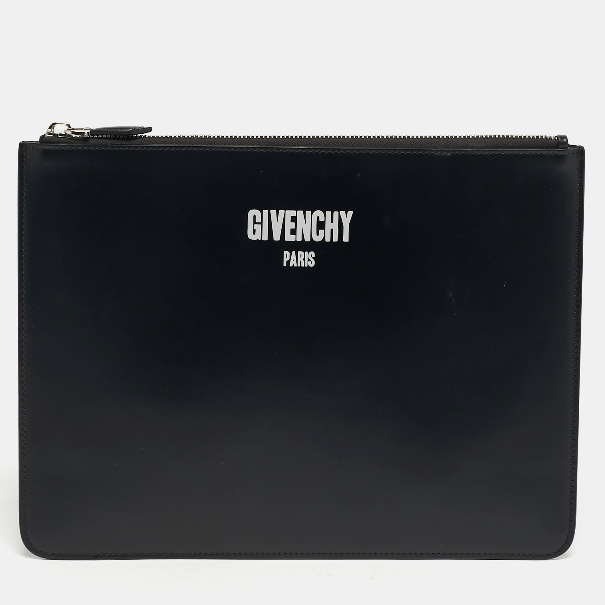 Pre-owned Givenchy Black Leather Logo Print Zipped Pouch