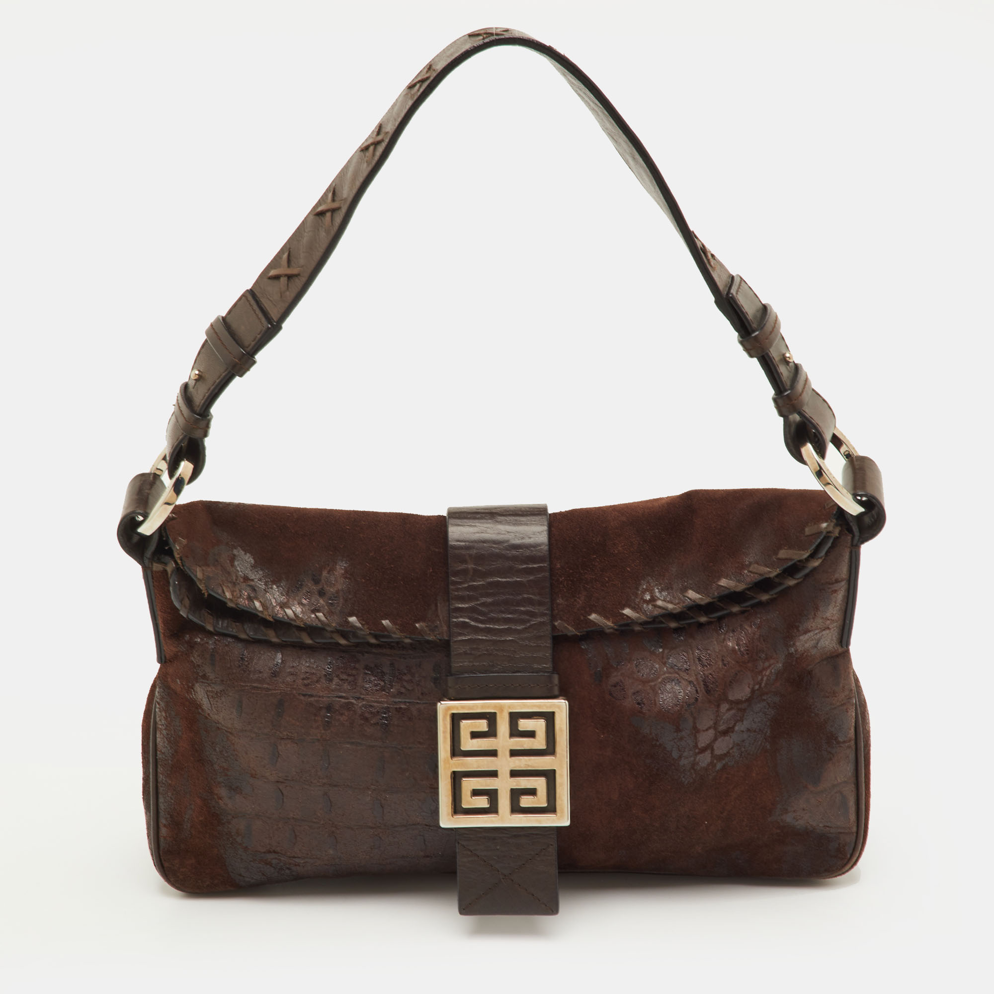 

Givenchy Dark Brown Croc Embossed Suede Logo Flap Baguette