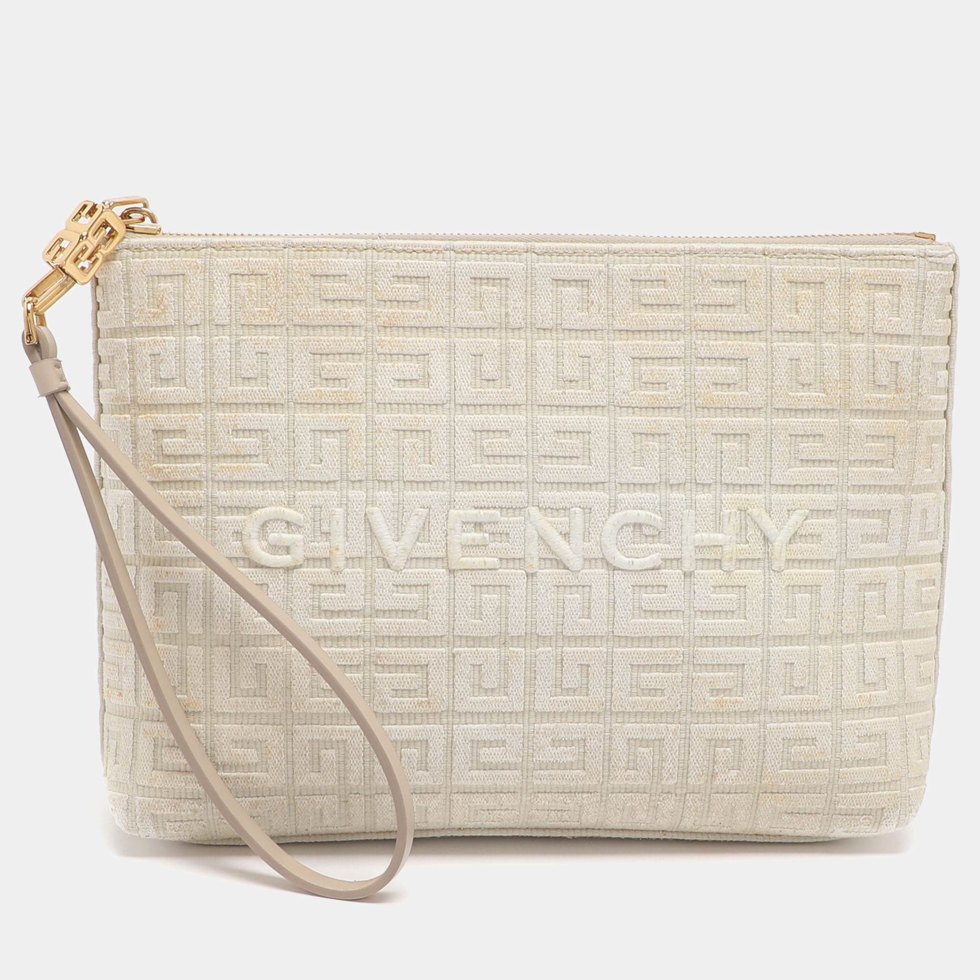 

Givenchy Logo Embroidered Off White Canvas Wristlet Clutch