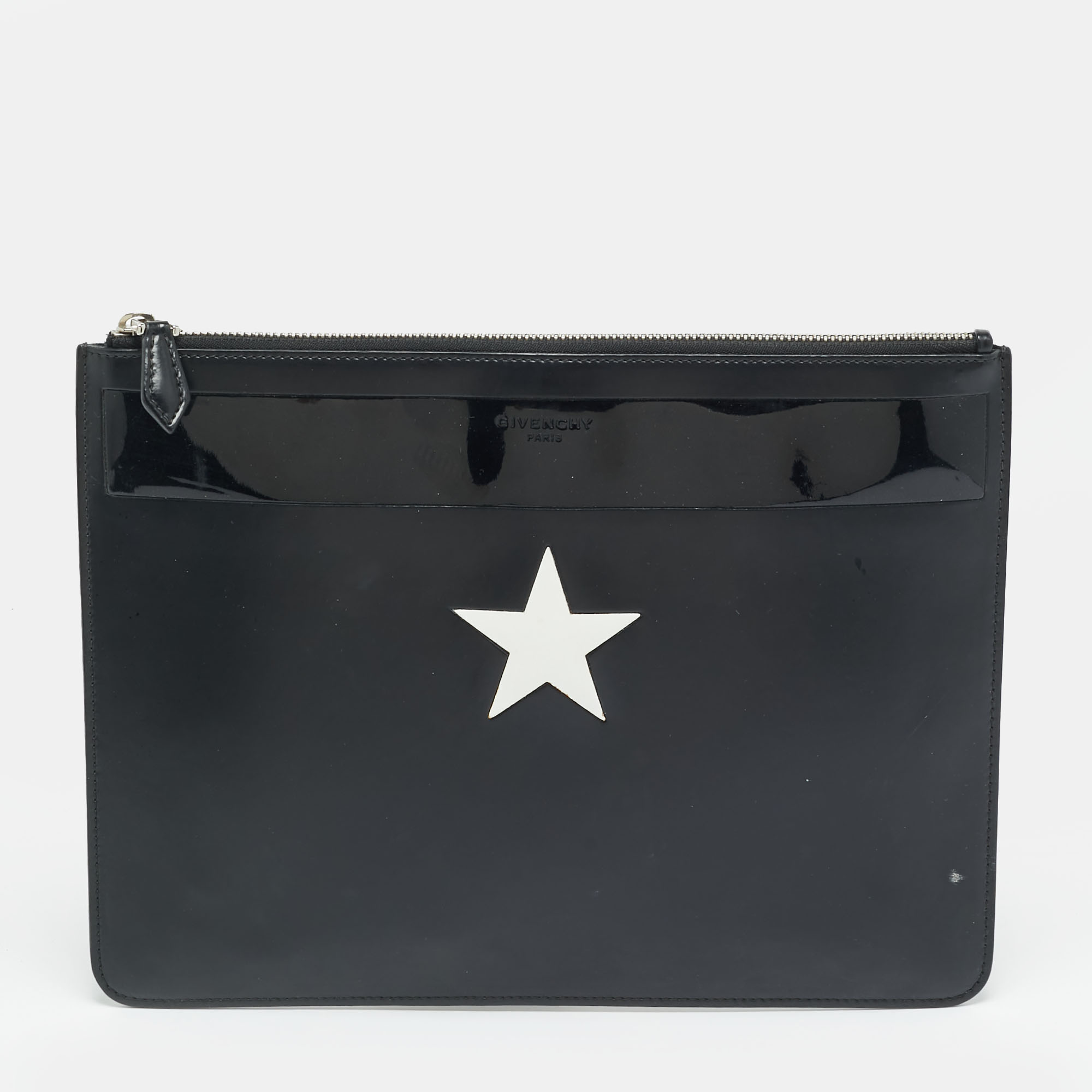 

Givenchy Star Print Black Patent and Leather Clutch