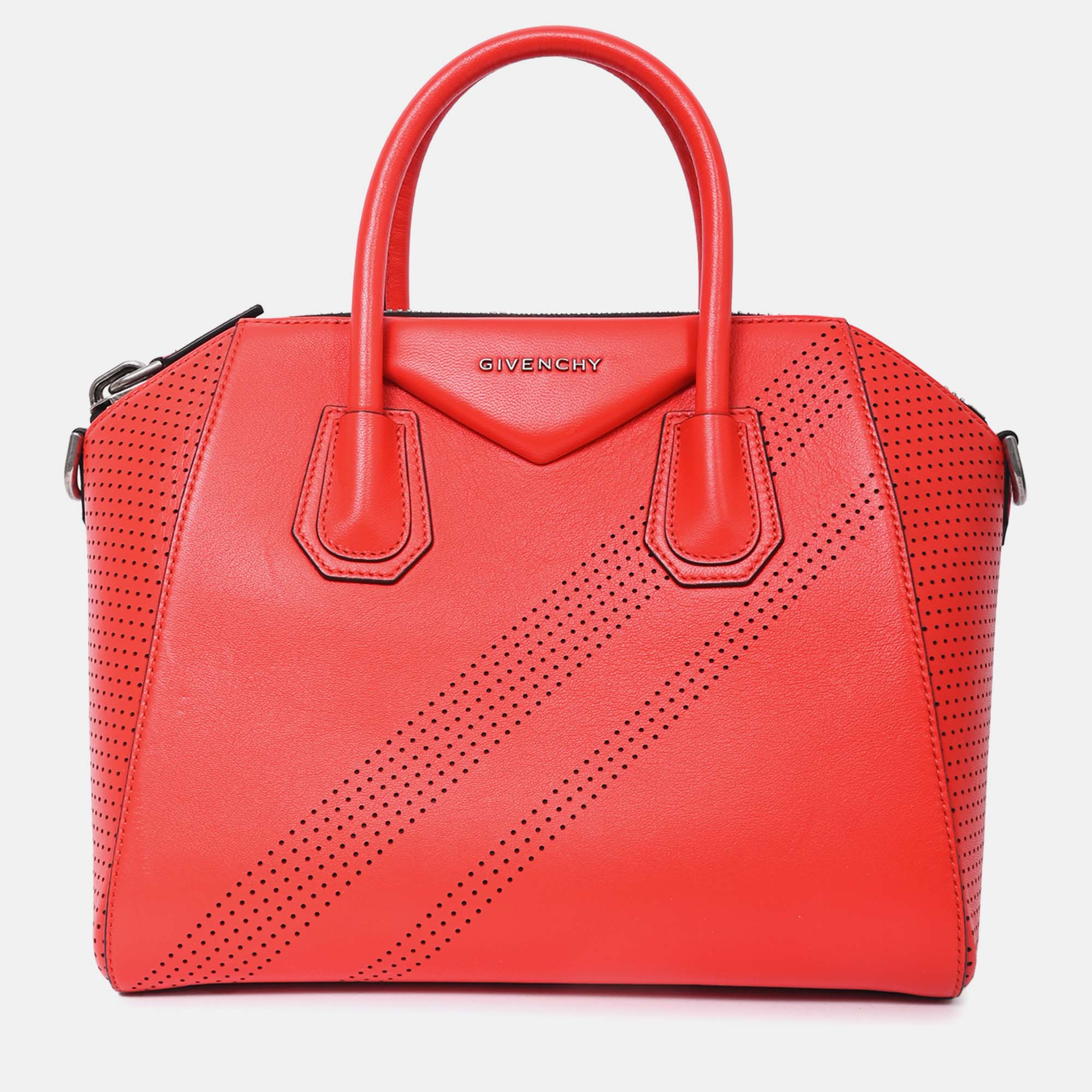 

Givenchy Red Perforated Leather Small Antigona Top Handle
