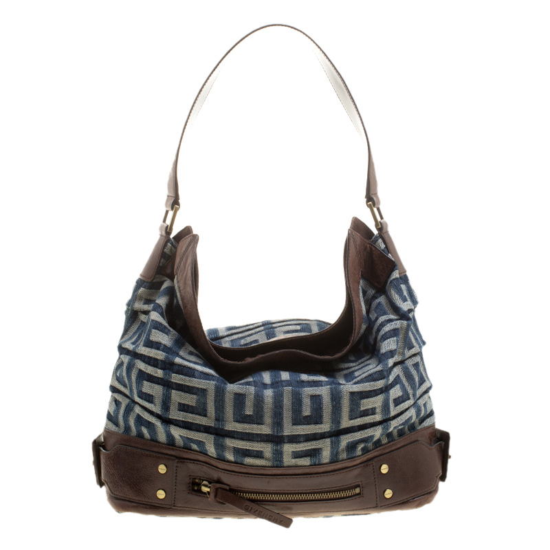 Pre Owned Givenchy Multicolor Denim and Leather Logo Print Hobo