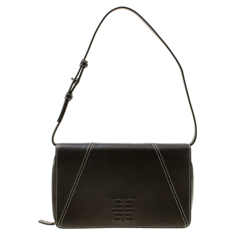 Pre Owned حقيبة كلتش جيفنشي بنقوش الشعار جلد رصاصية داكنة