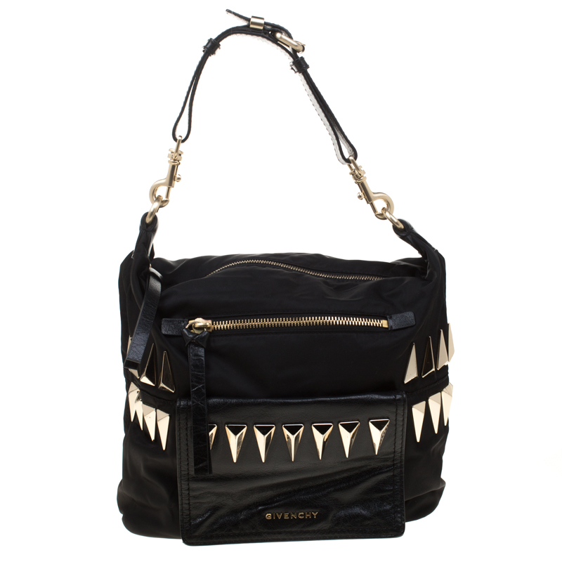Pre Owned Givenchy Black Nylon and Leather Studded Hobo