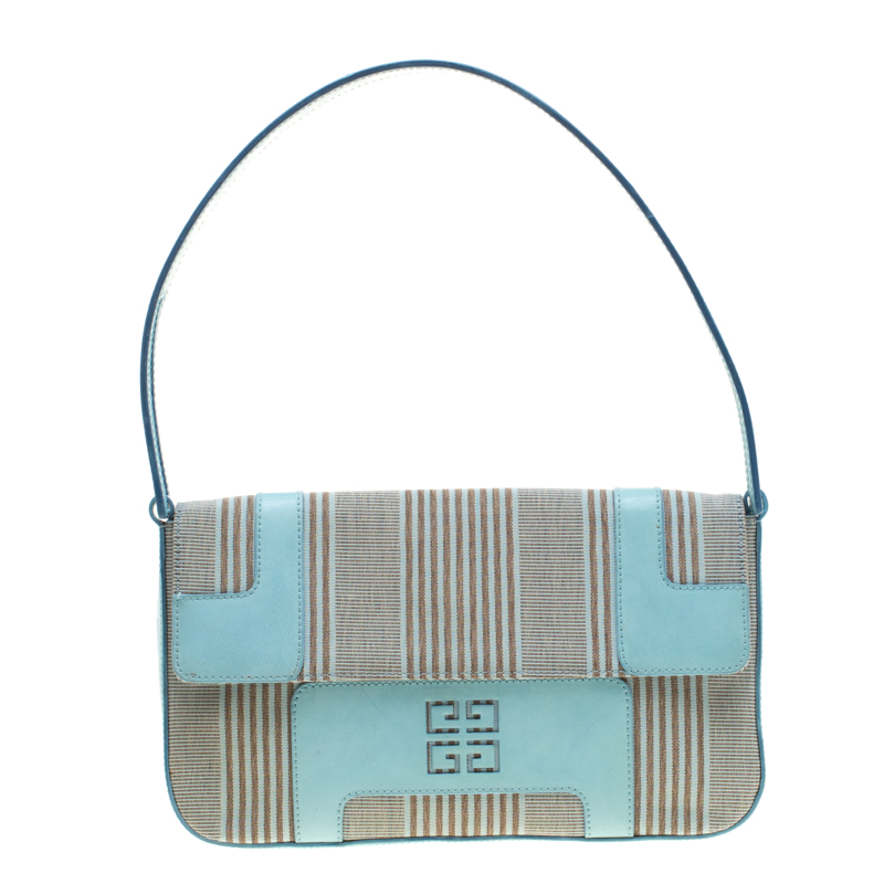 Givenchy Powder Blue Stripped Canvas and Leather Shoulder Bag