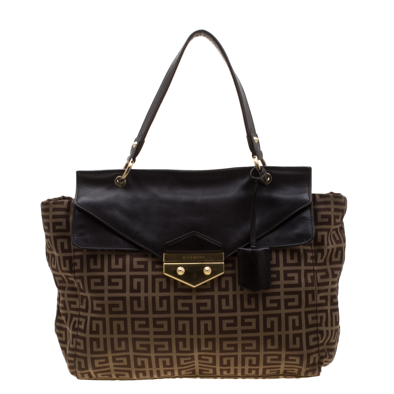 Givenchy Brown Signature Canvas and Leather Flap Top Handle Bag