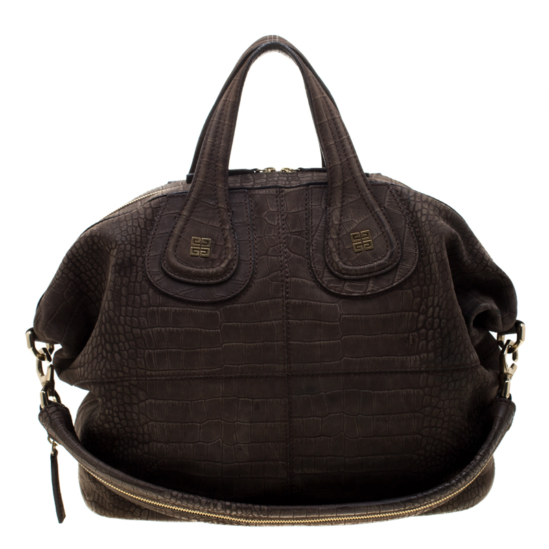 Pre Owned حقيبة يد جيفنشي نايتانغالي جلد نوبوك بارز نقشة التمساح كاكي