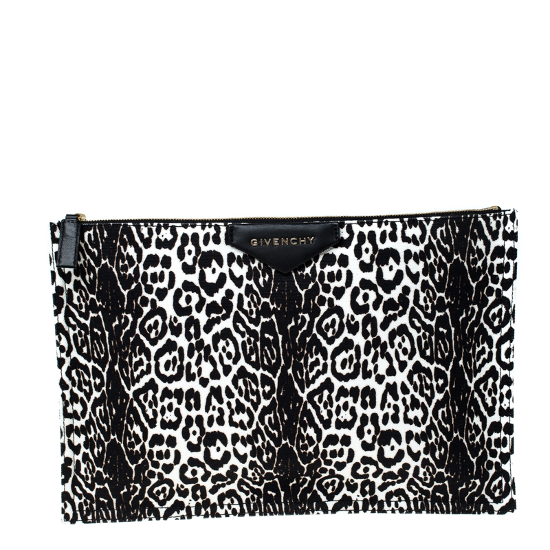 Pre Owned Givenchy Balck/White Leopard Print Canvas Clutch