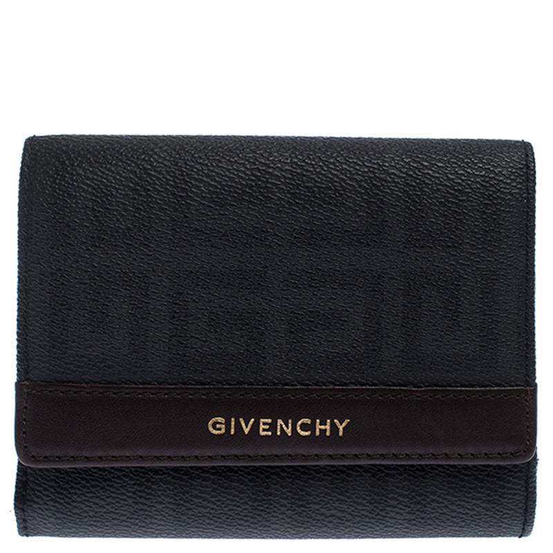 Pre Owned Givenchy Black Monogram Leather Flap Compact Wallet