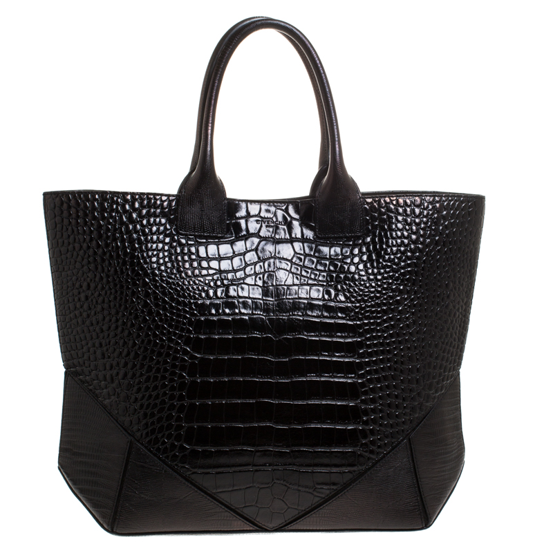 Pre Owned Givenchy Black Croc Embossed Leather Easy Tote