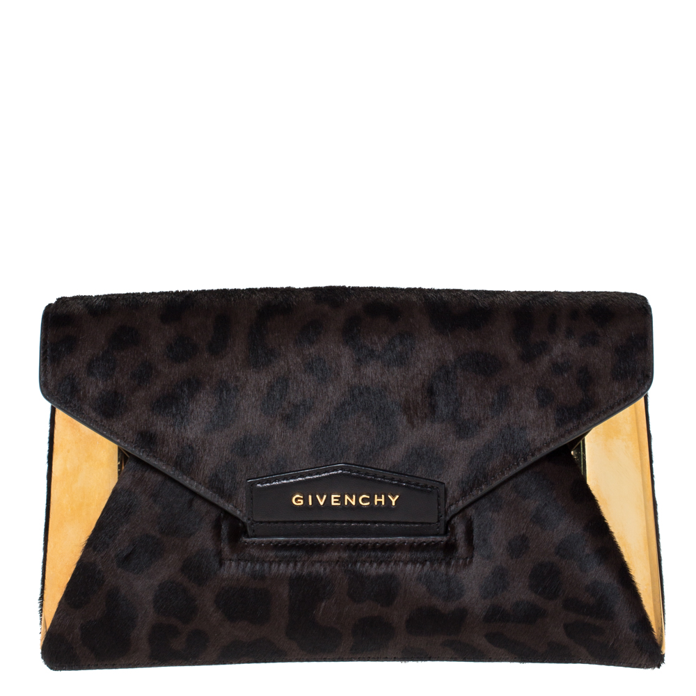 Pre Owned Givenchy Black/Brown Leopard Calfhair and Leather Antigona Metal Clutch