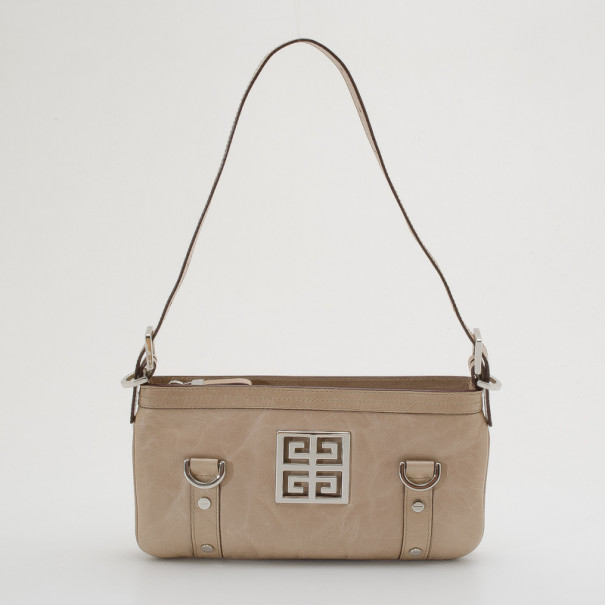 Pre Owned Givenchy Beige Leather Zip Logo Small Shoulder bag