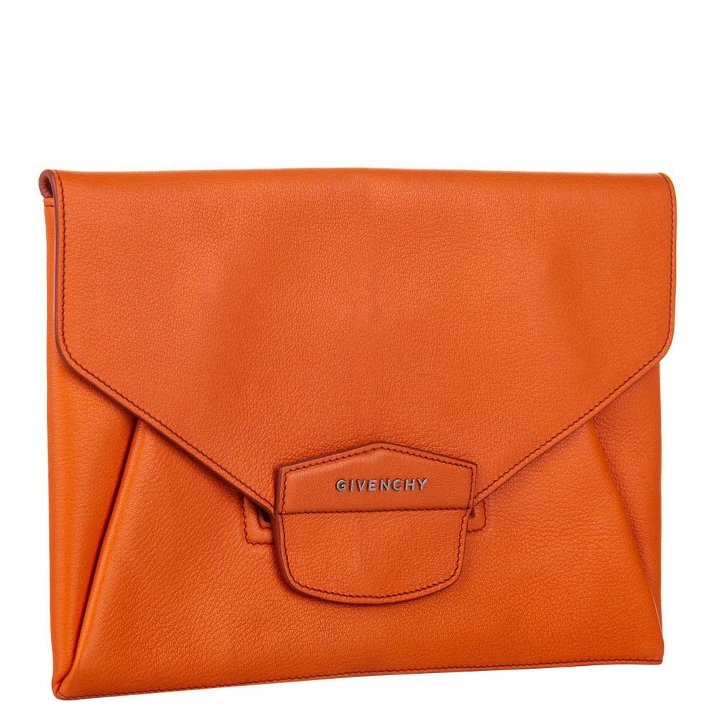

Givenchy Orange Leather Medium Antigona Envelope Clutch Bag