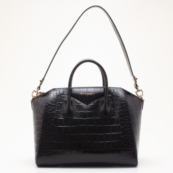 Givenchy Black Croc Embossed Medium Antigona Satchel