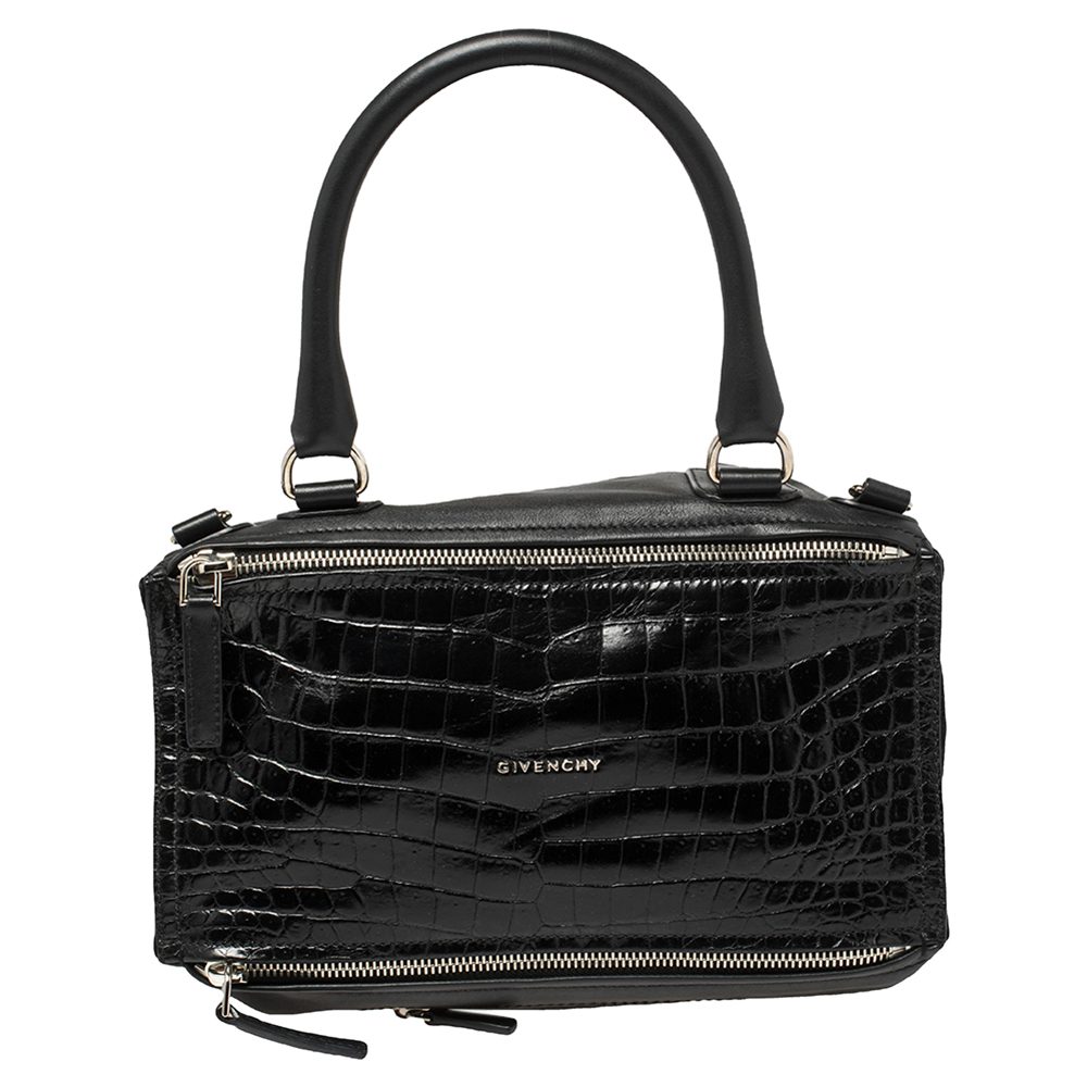 Pre-owned Givenchy Black Croc Embossed, Suede And Leather Large Pandora Shoulder Bag