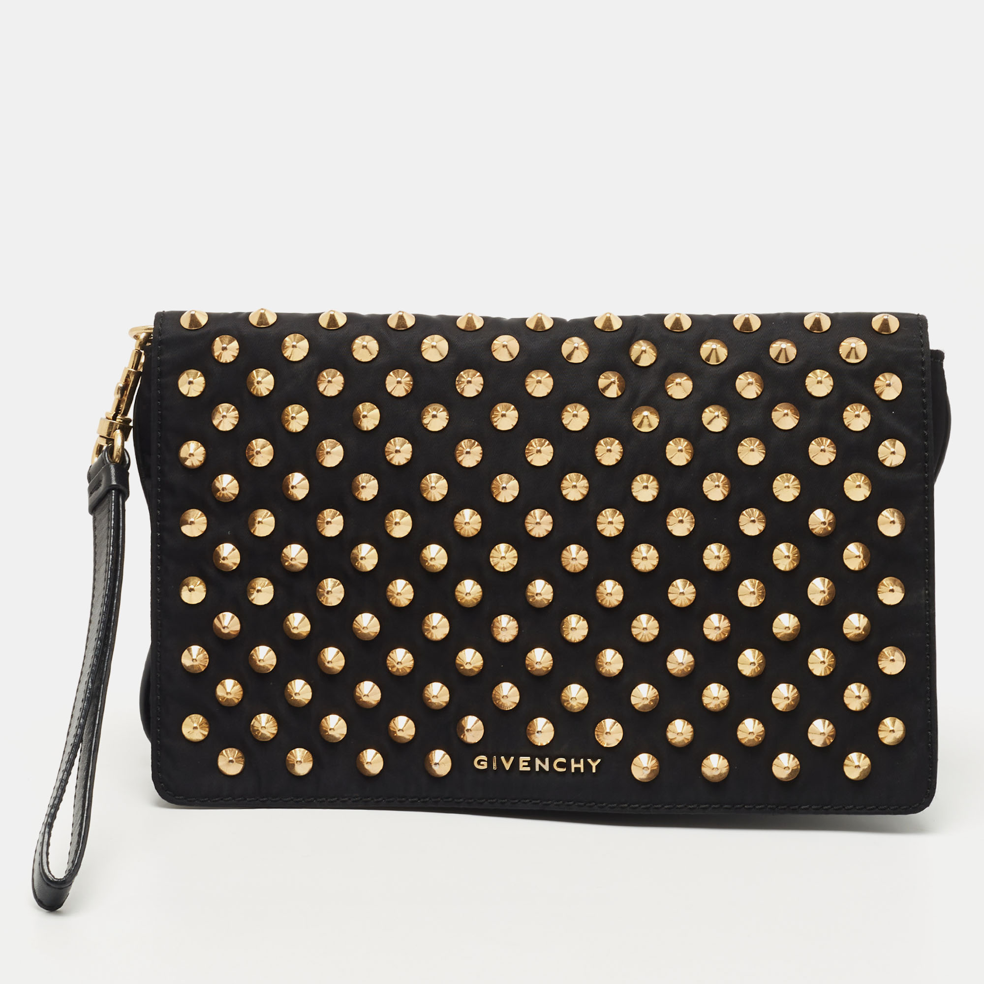 Pre-owned Givenchy Black Fabric And Leather Studded Flap Clutch