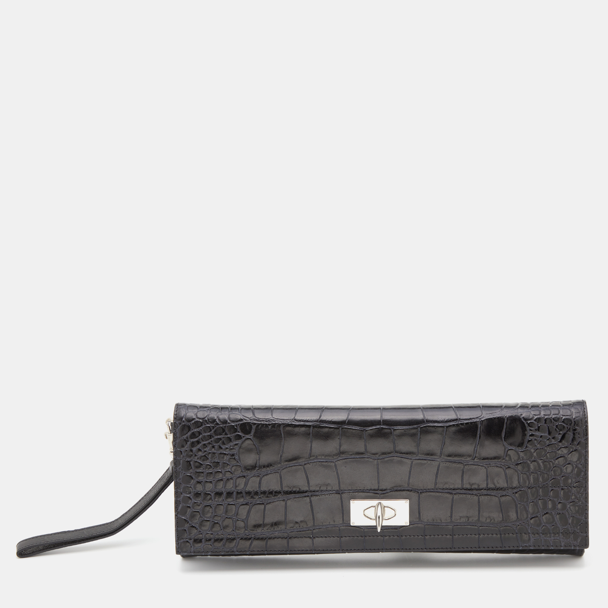 Pre-owned Givenchy Black Croc Embossed Leather Shark Tooth Long Wristlet Clutch