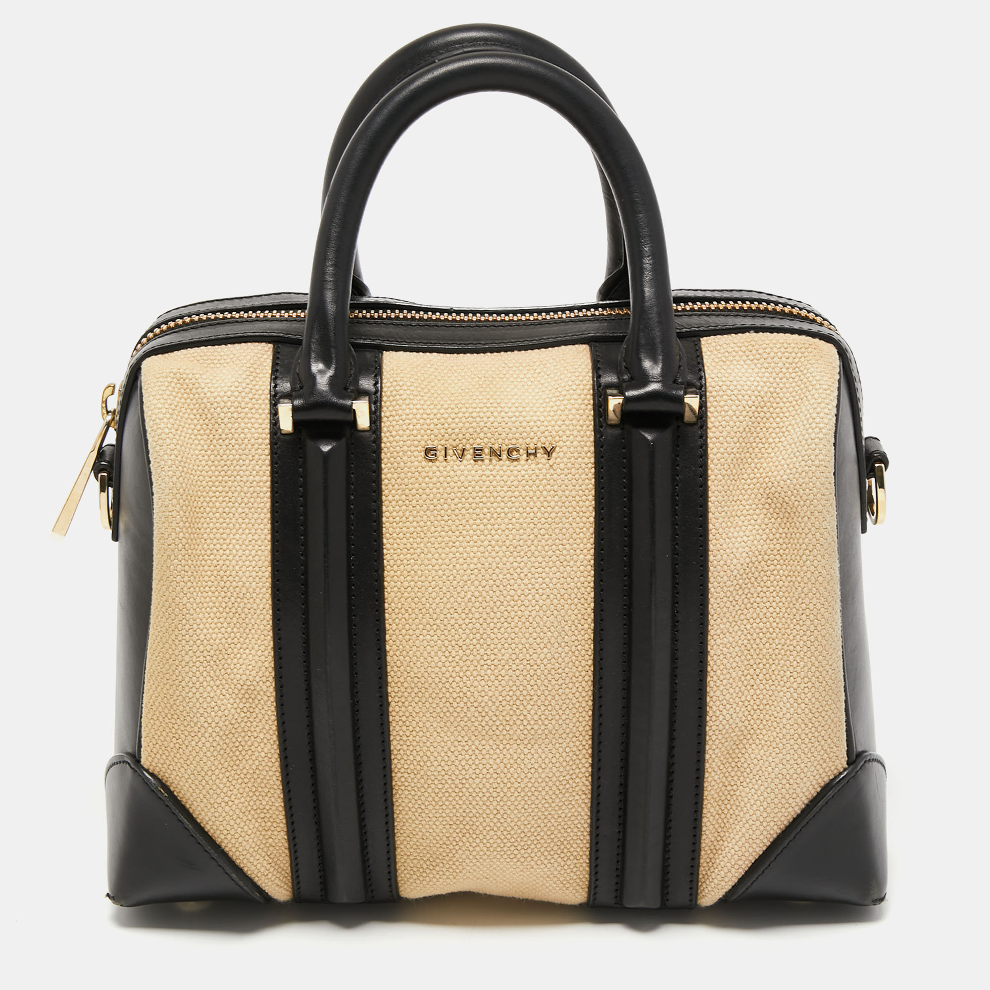 Pre-owned Givenchy Black/beige Leather And Canvas Small Lucrezia Satchel