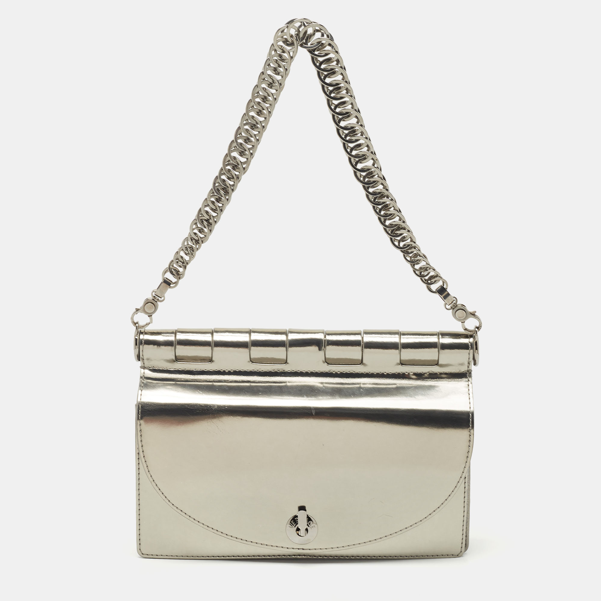 Pre Owned Versace Silver Mirrored Leather Flap Chain Shoulder Bag