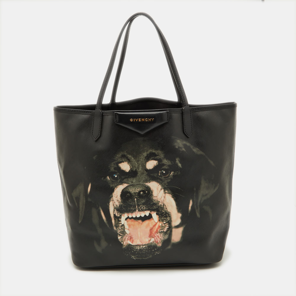 Pre Owned Givenchy Black Coated Canvas and Leather Rottweiler Medium Antigona Tote