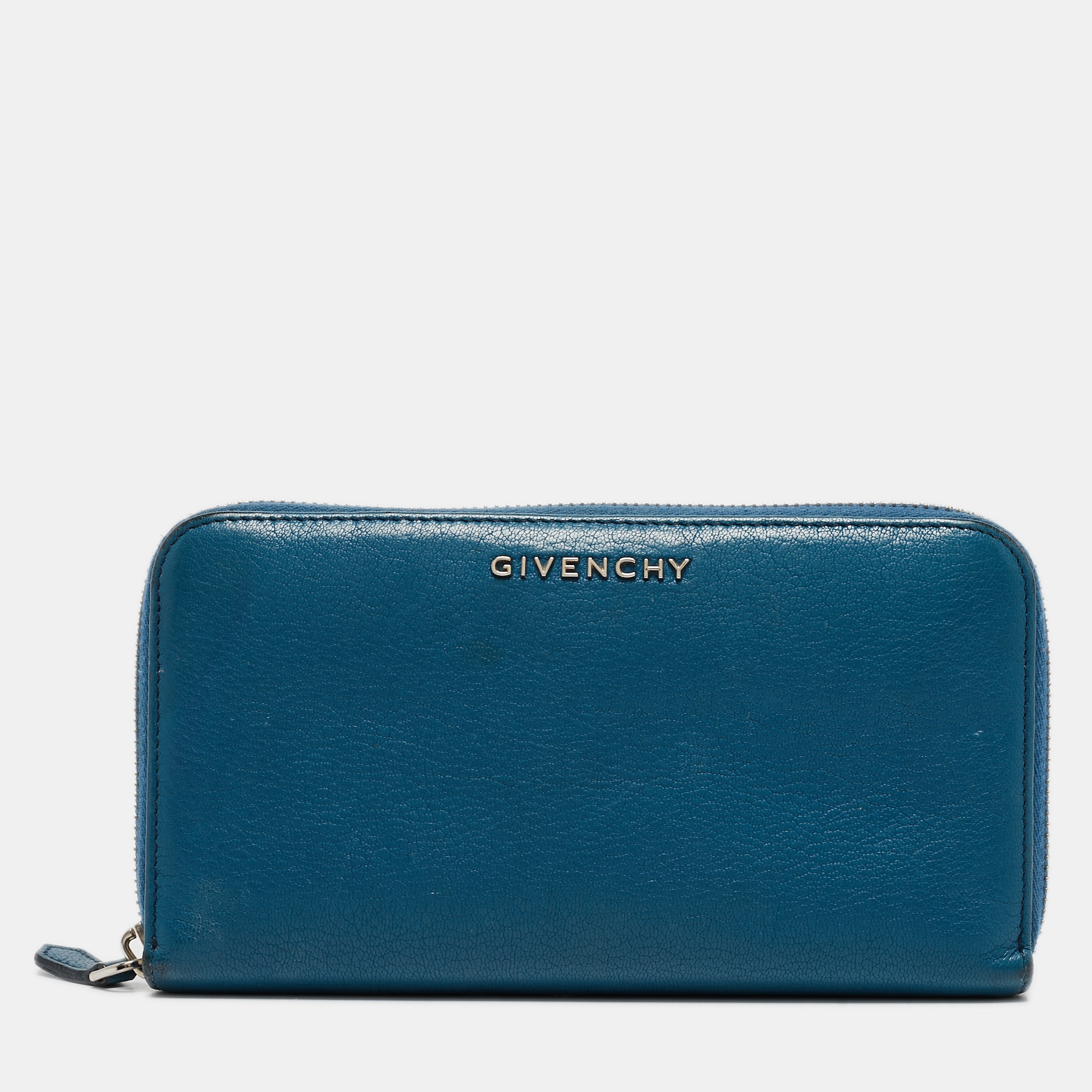 Pre-owned Givenchy Blue Leather Logo Zip Around Continental Wallet