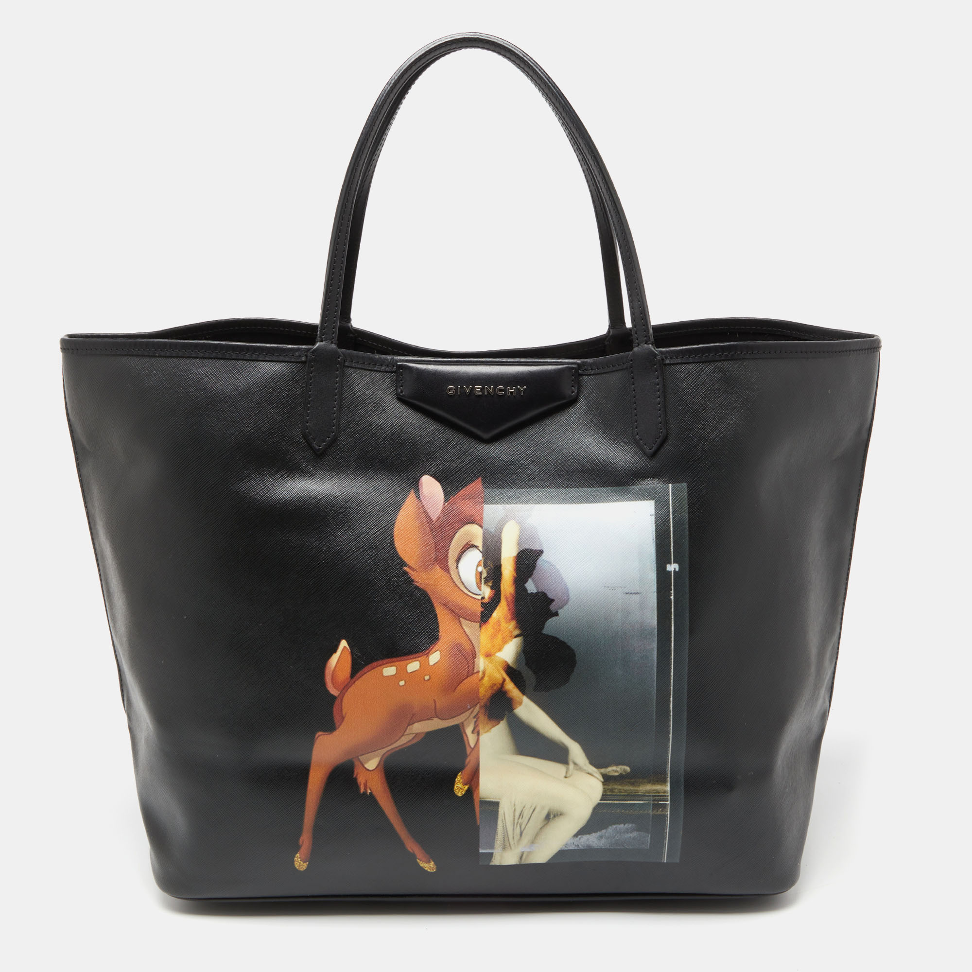 Pre-owned Givenchy Black Bambi Print Coated Canvas And Leather Antigona Shopper Tote