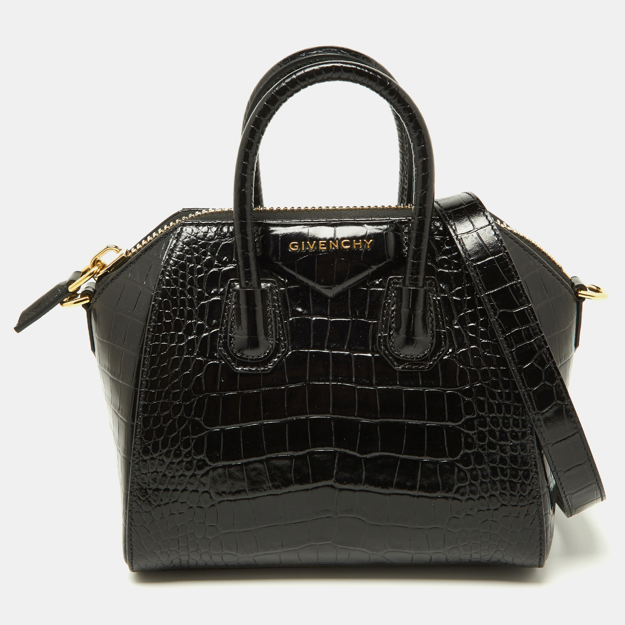 

Givenchy Black Glossy Croc Embossed Leather Mini Antigona Satchel