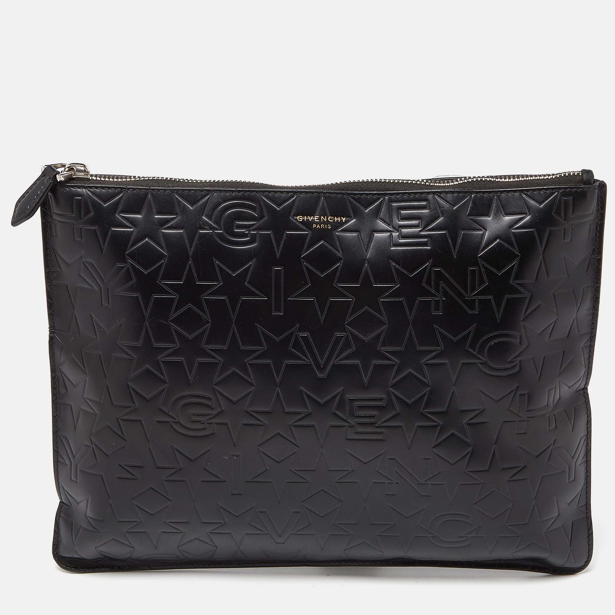 Pre-owned Givenchy Black Star Embossed Leather Zip Clutch