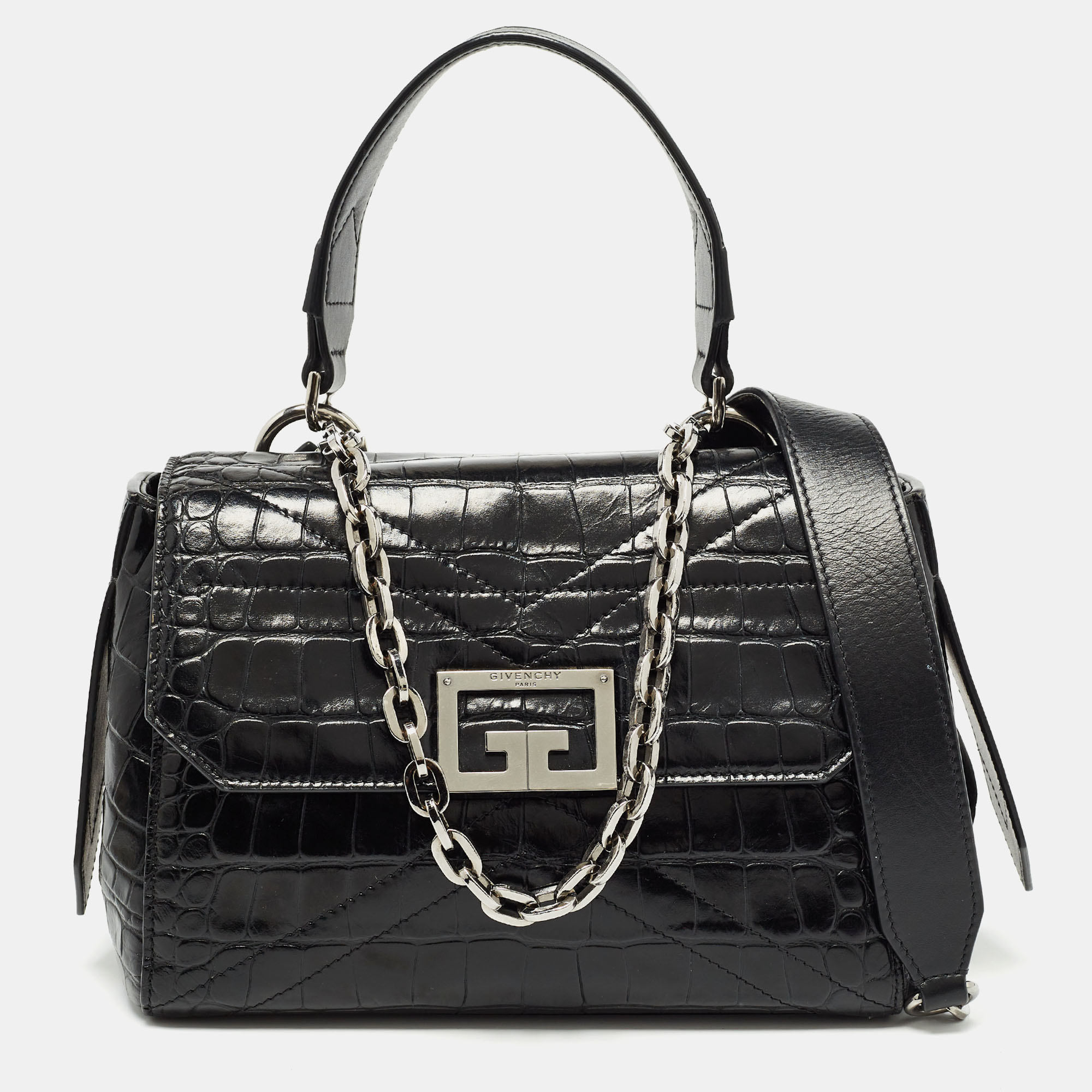 

Givenchy Black Croc Embossed Leather  ID Flap Top Handle Bag
