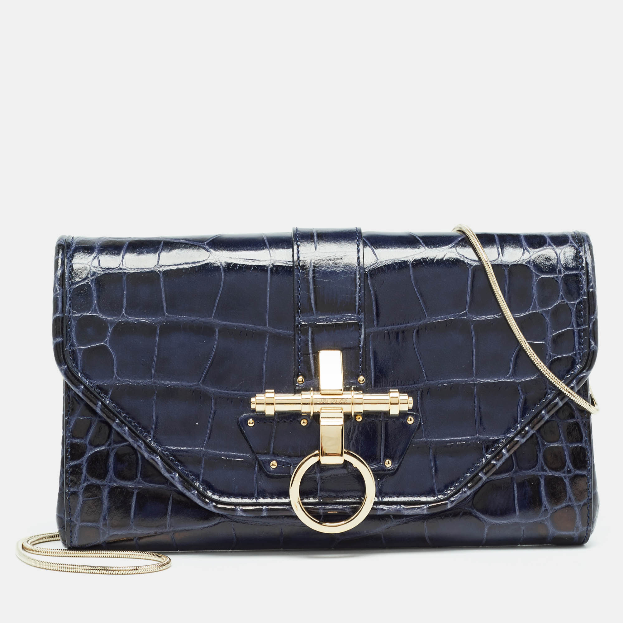 

Givenchy Blue/Black Croc Embossed Glossy Leather Obsedia Chain Clutch, Navy blue