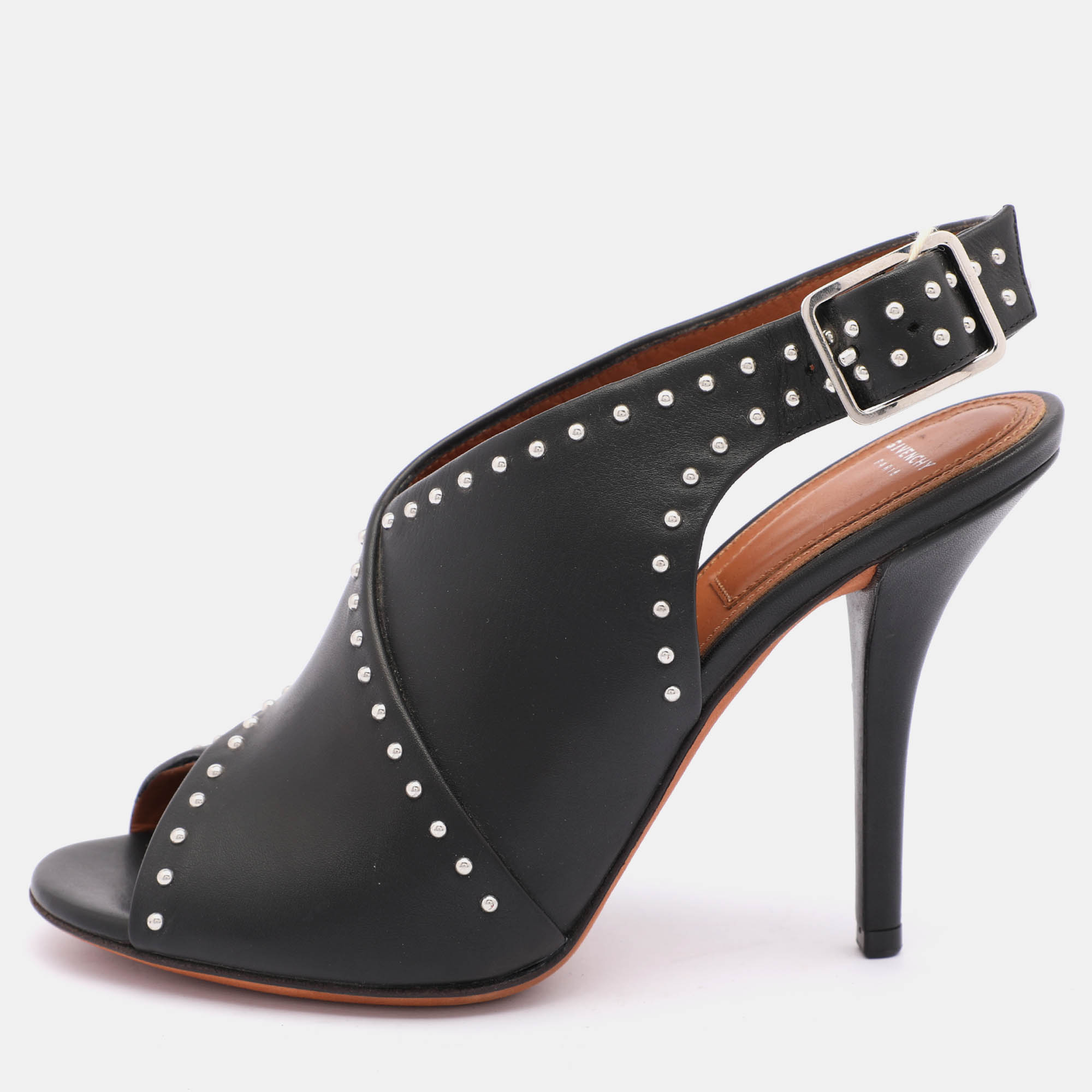 

Givenchy Black Leather Studded Peep Toe Slingback Sandals Size