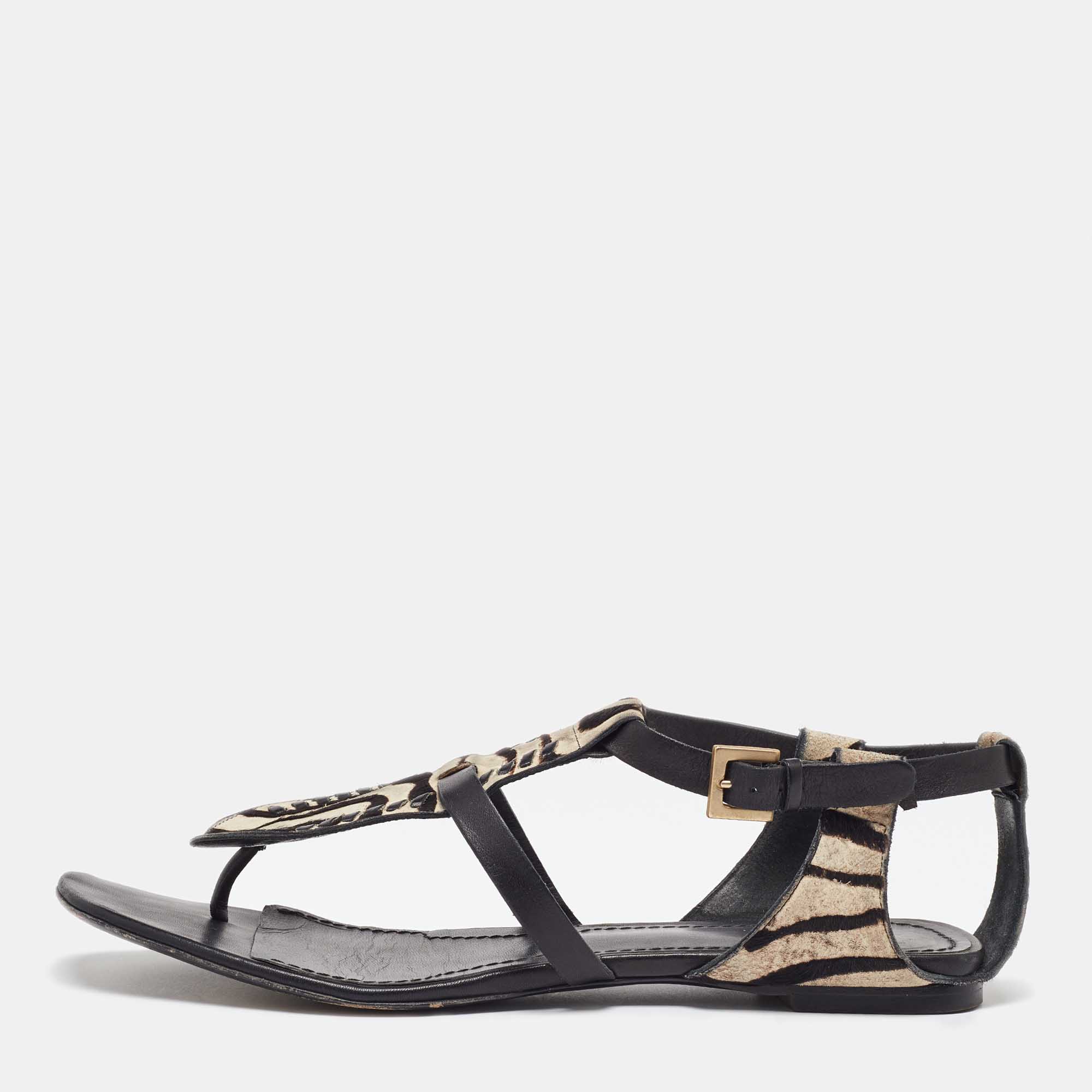 

Givenchy Black Zebra Calfhair and Leather Thong Sandals Size