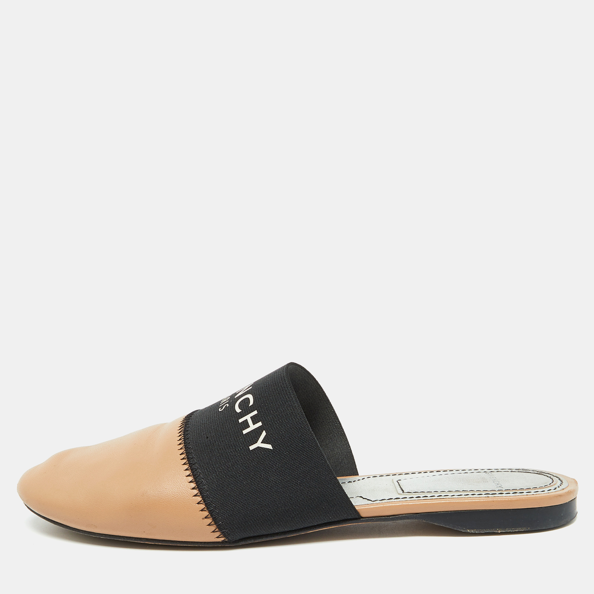 

Givenchy Beige/Black Leather Logo Elastic Flat Mules Size