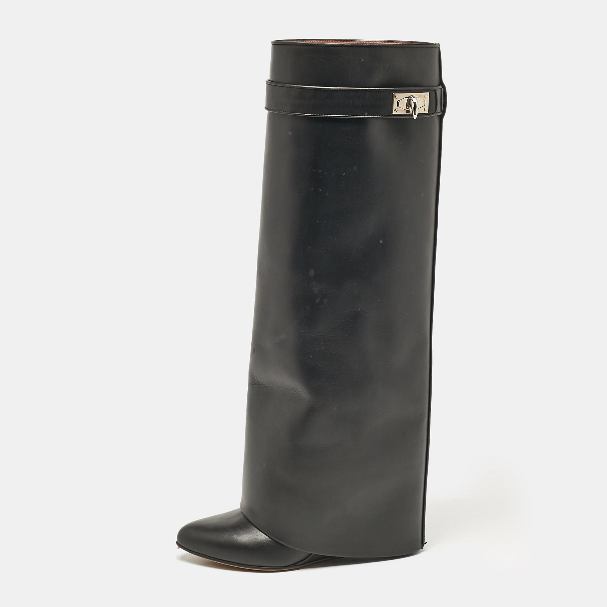 

Givenchy Black Leather Shark Lock Wedge Knee High Boots Size